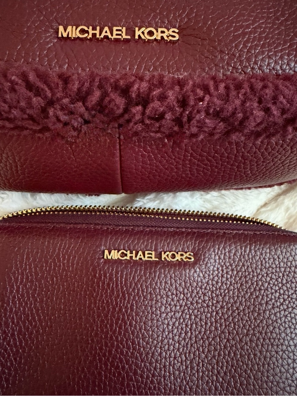 Michael Kors Burgundy Leather & Shearling Shoulder Bag + Matching Wallet Set